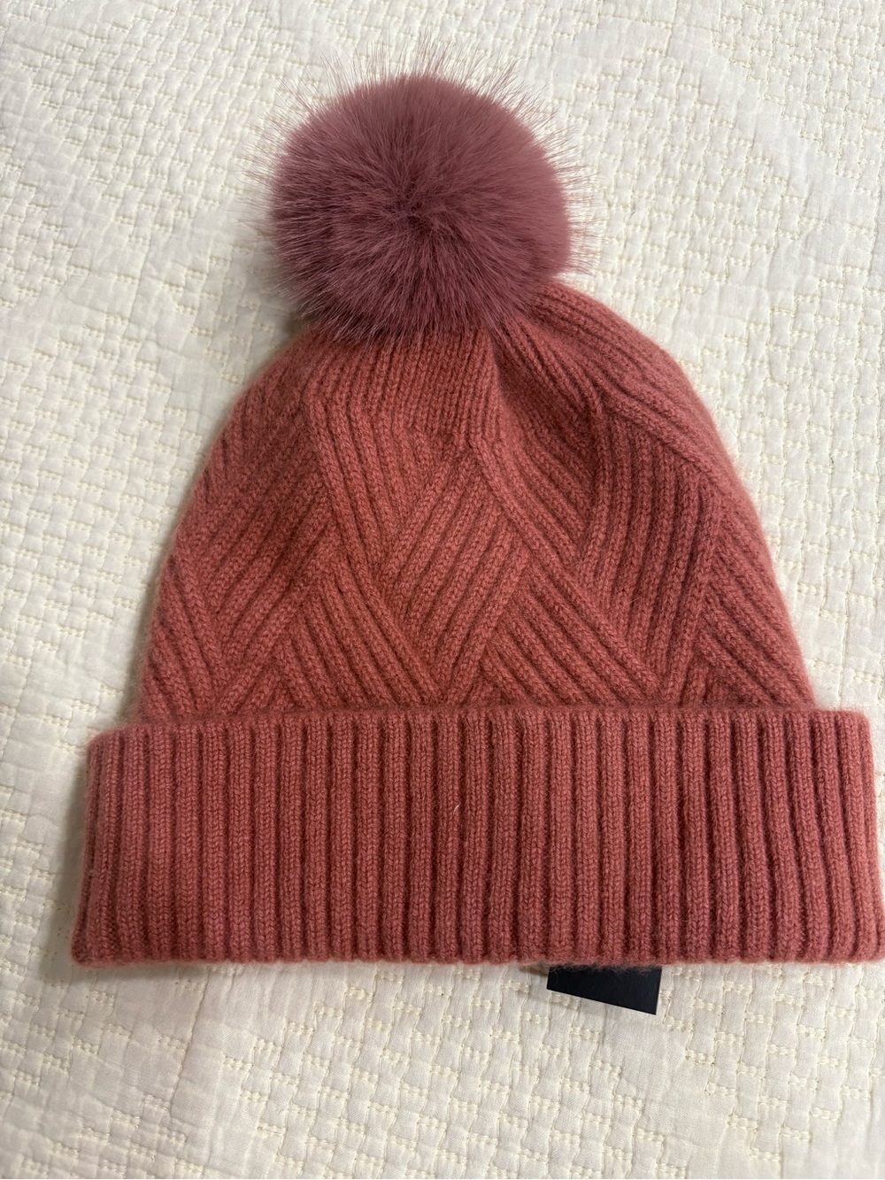 Saks Fifth Avenue 100% Cashmere Dusty Mauve Pom-Pom Knit Beanie